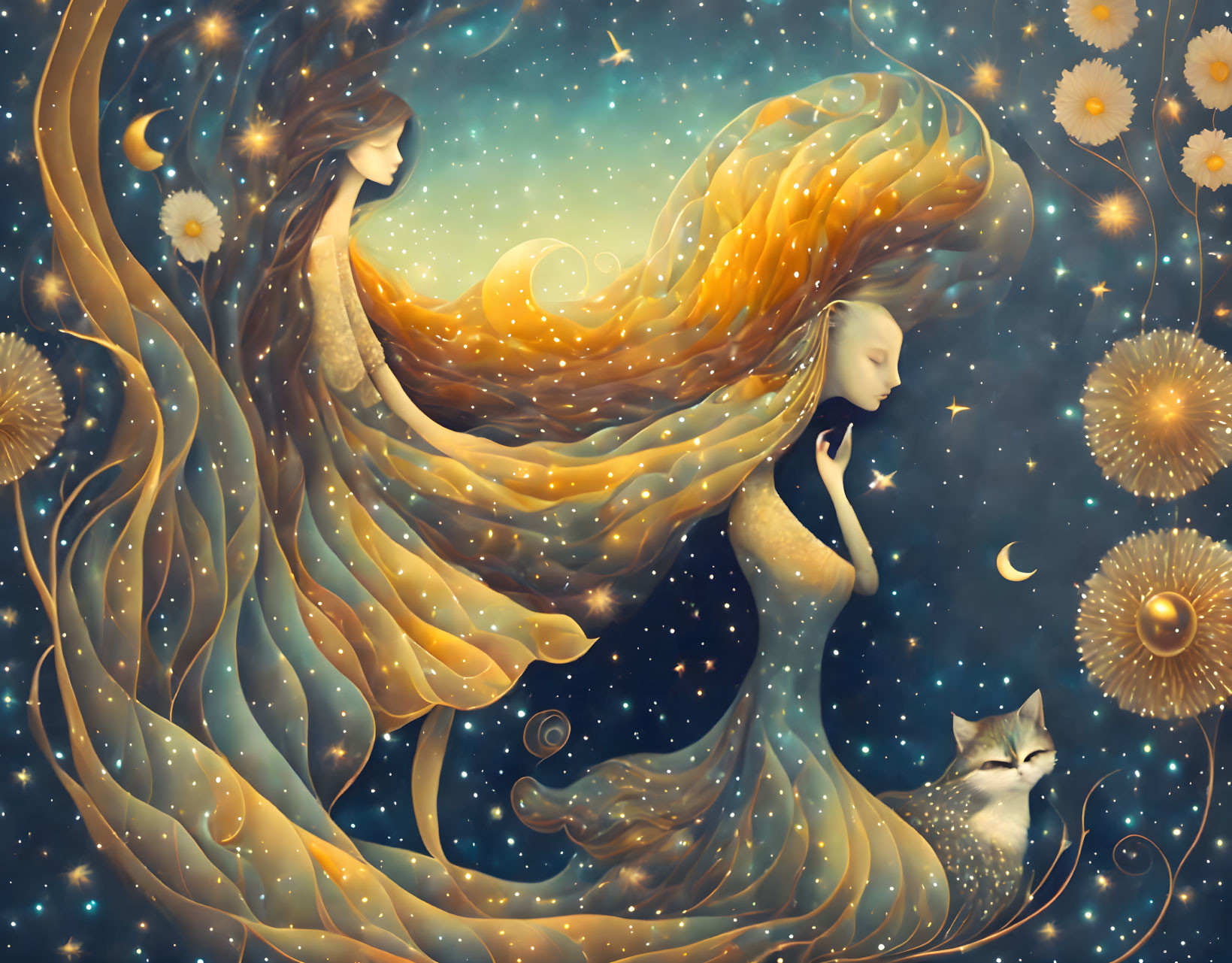 Illustration of two women in cosmic setting with dandelions and cat