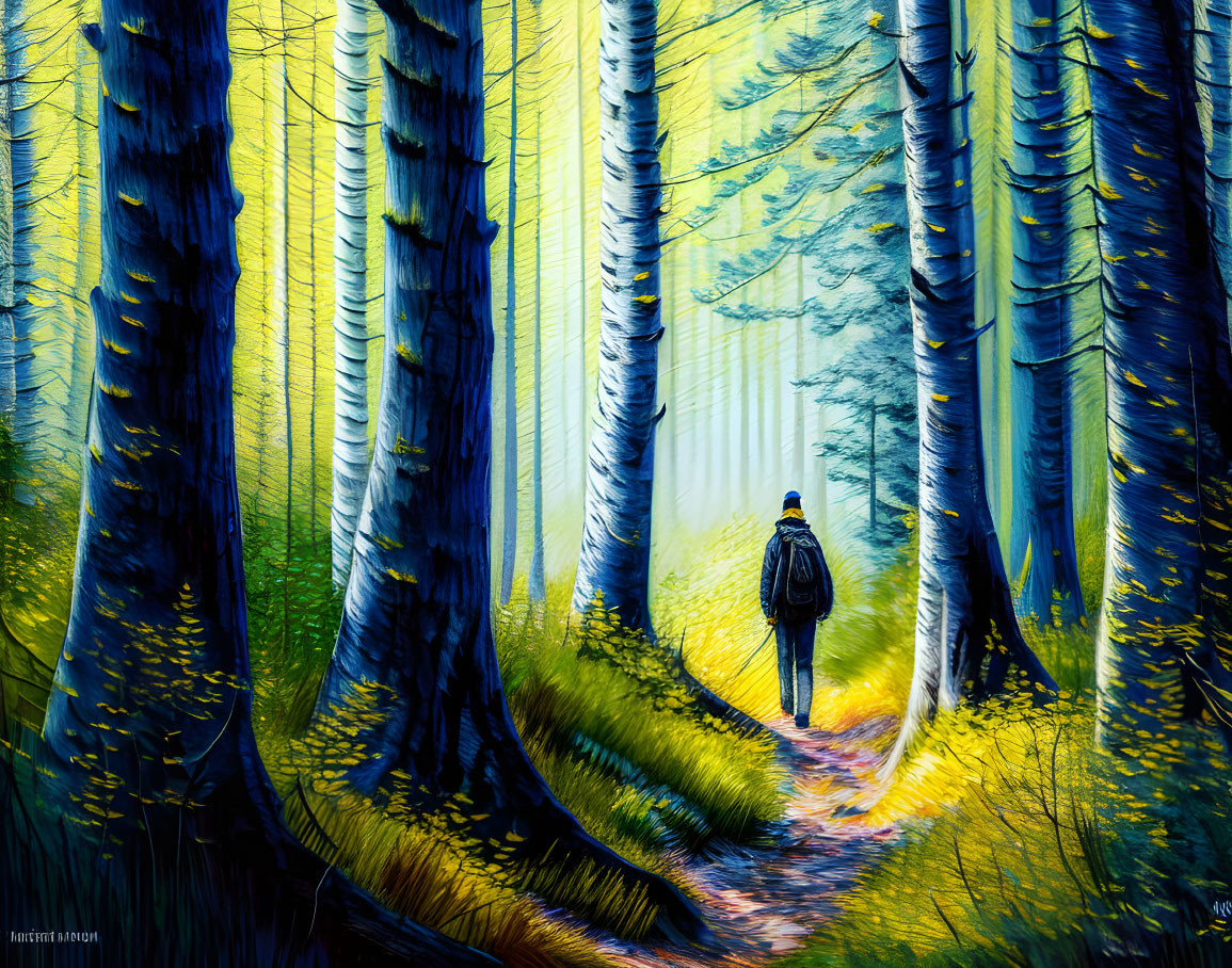 Hiker in Vibrant Blue and Yellow Forest