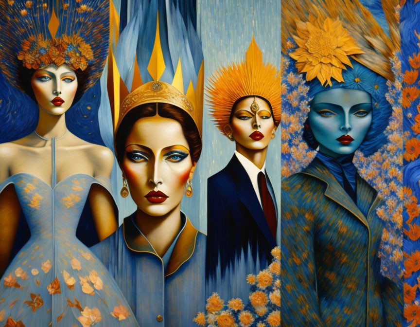 Vibrant painting of four women with blue skin in nature-inspired attire