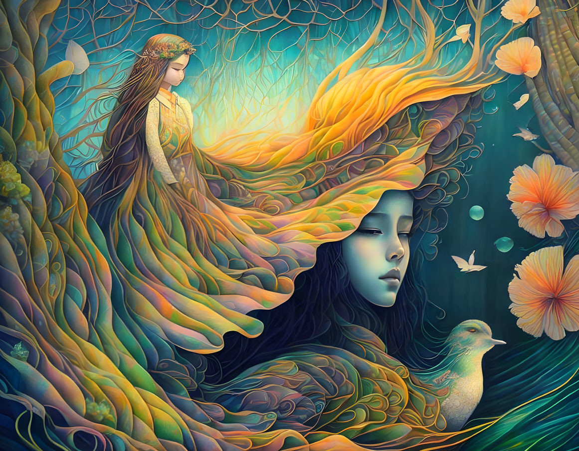 Vibrant surreal illustration: woman with flowing hair, nature elements, dreamlike essence