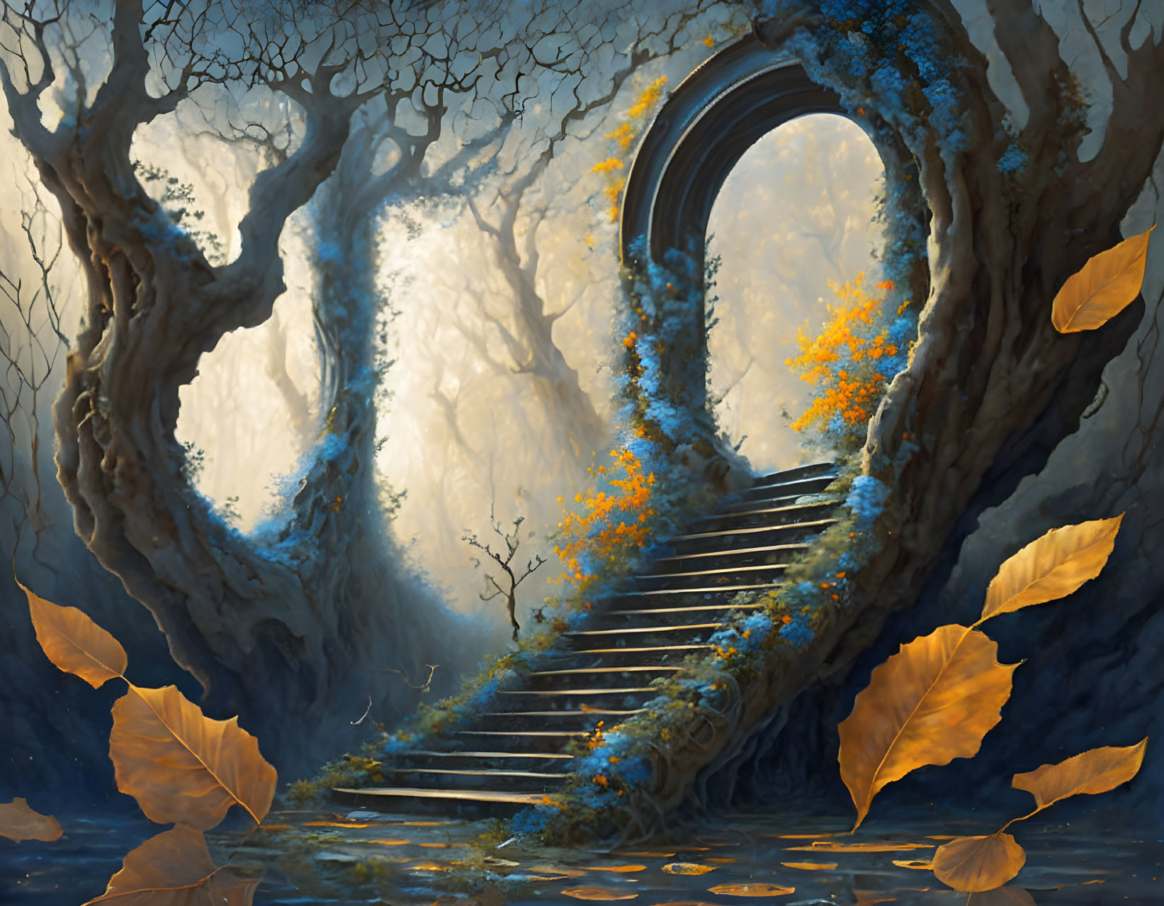 Mystical forest with tree archway and stone staircase amid autumn leaves