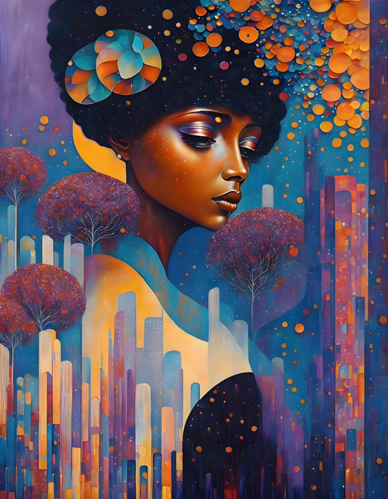 Colorful painting of woman with cosmic afro in urban landscape at twilight