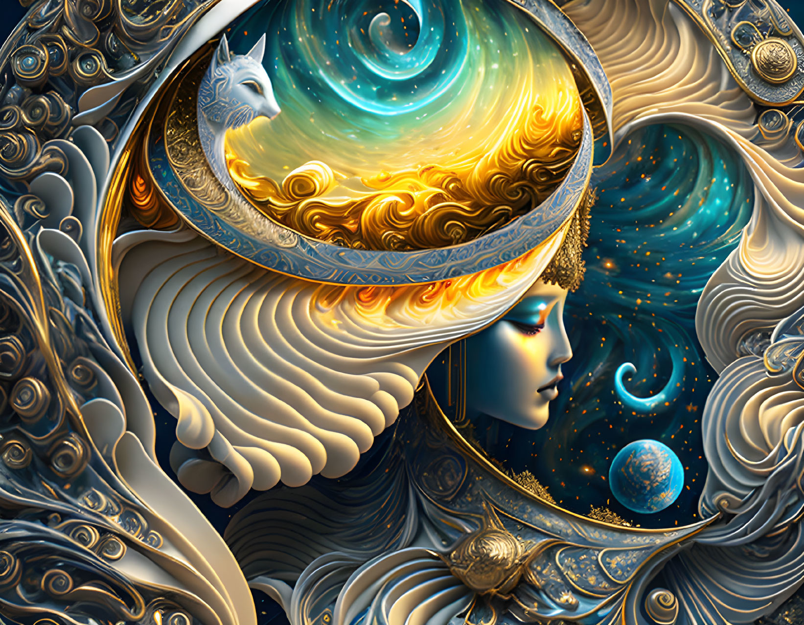 Surreal artwork: woman's profile with celestial bodies, cosmic patterns, white wolf in moon crest