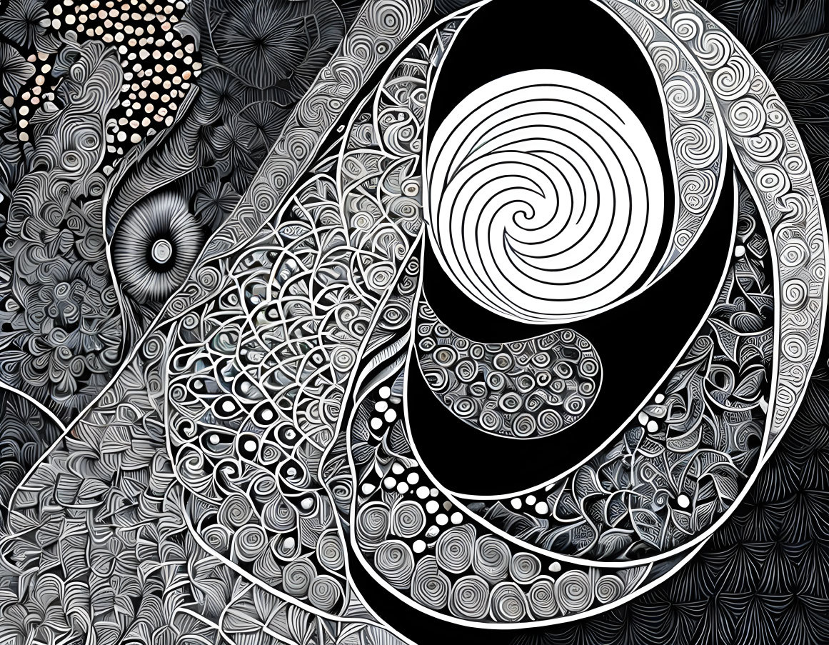 Abstract black and white image with swirling center design and intricate patterns