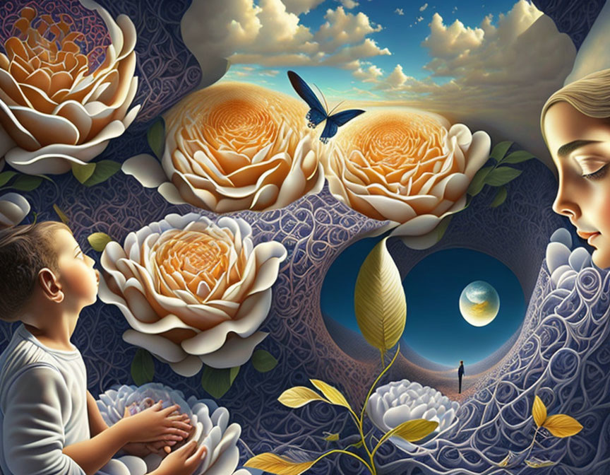 Surreal digital art: child with giant roses, female faces, butterfly, distant figure