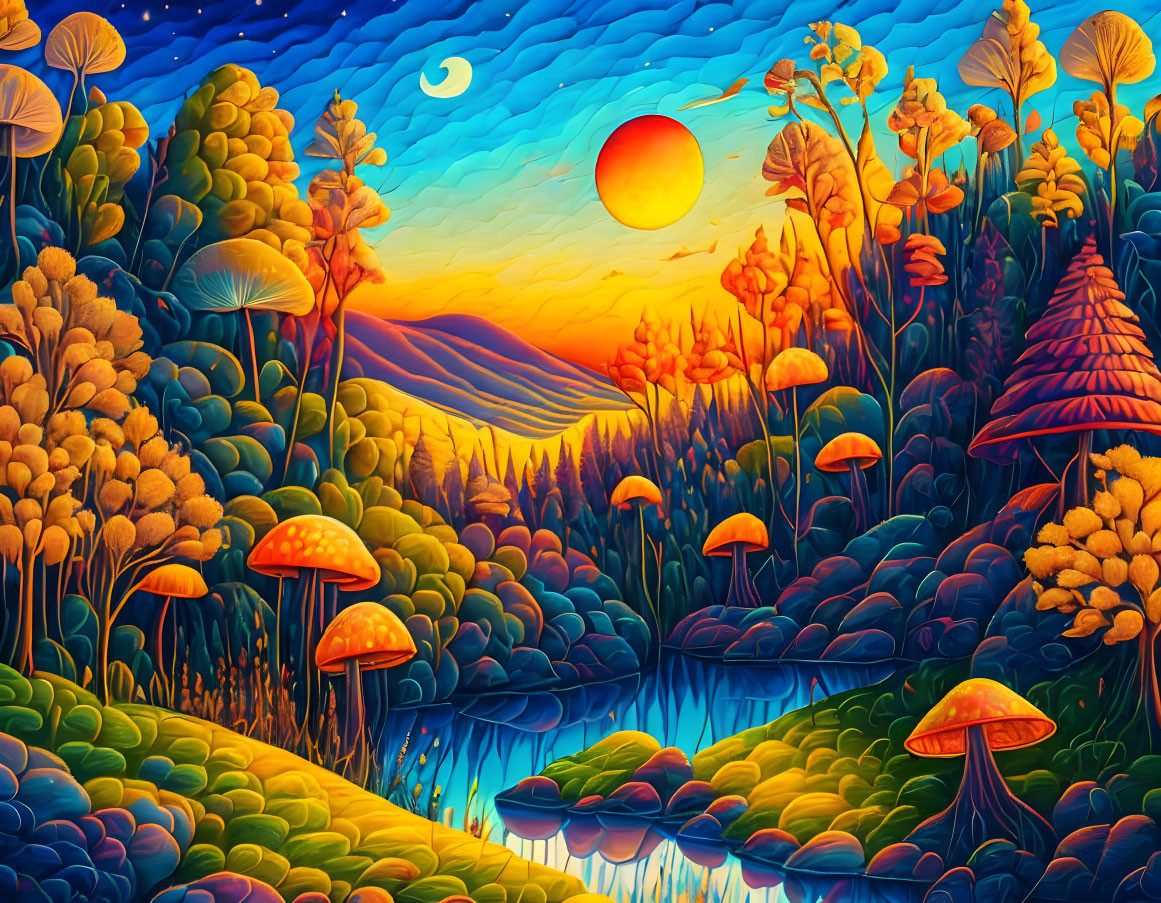 Colorful sunset landscape with exaggerated flora, crescent moon, glowing mushrooms, and reflective river