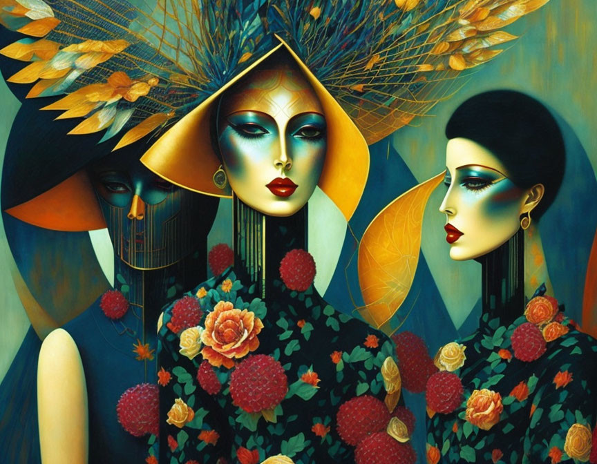 Vivid Artwork: Two Elegant Female Figures with Exotic Headdresses