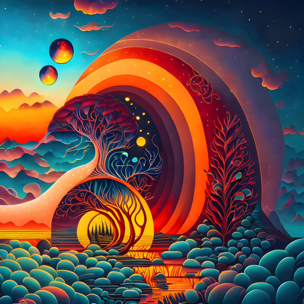 Colorful Surreal Landscape with Swirling Sky and Stylized Tree