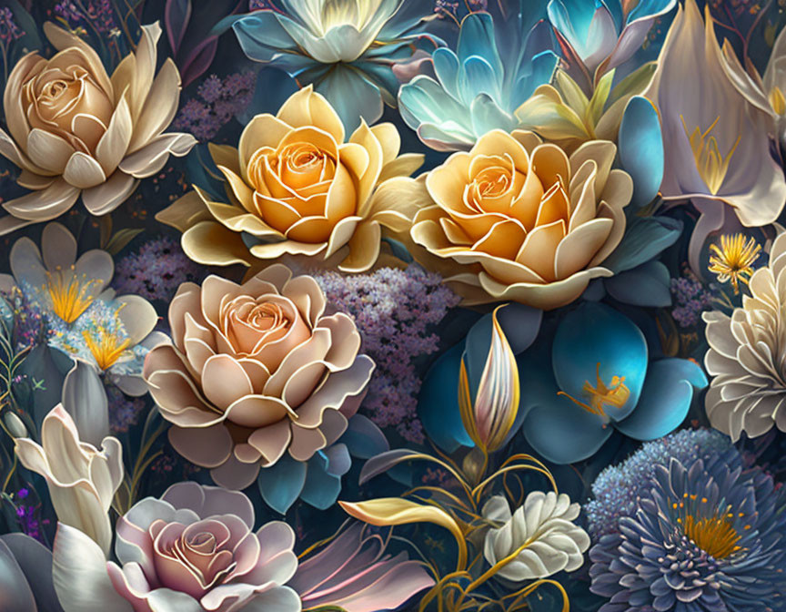 Colorful digital art: Cream, peach, blue roses & flowers, intricate leaves.