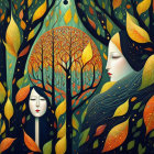 Stylized female faces blend with autumnal forest scene, serene expressions.