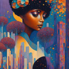 Colorful painting of woman with cosmic afro in urban landscape at twilight