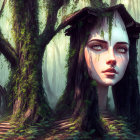 Woman's Face Merging with Mystical Forest: Deep Eyes and Foliage Blend