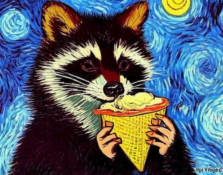 Raccoon in Van Gogh's Starry Night Style with Ice Cream Cone