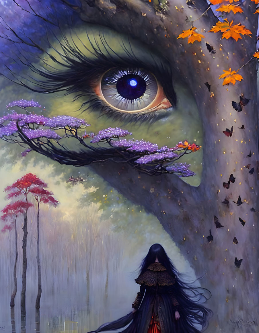 Detailed surreal artwork: large eye on tree trunk, mysterious figure in cloak, ethereal autumn forest.