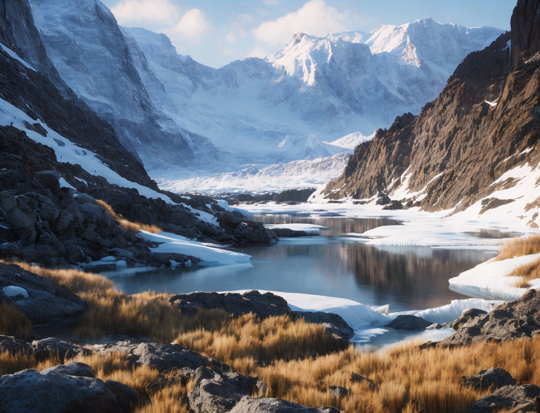 Snow-covered peaks and frozen lake in serene mountain landscape