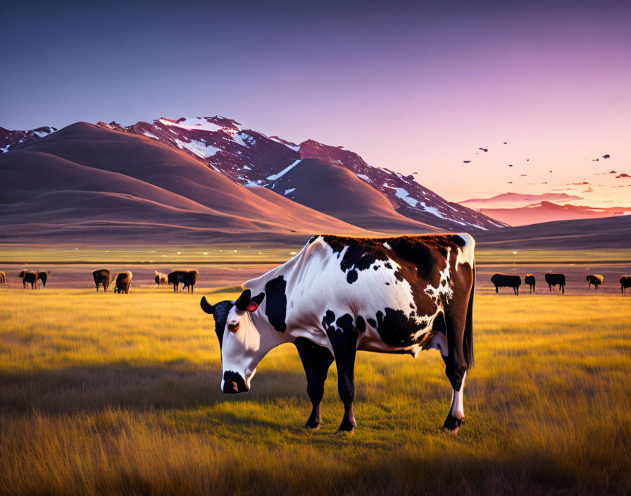 Cow grazing in serene field with distant cows, mountains, and vibrant sky