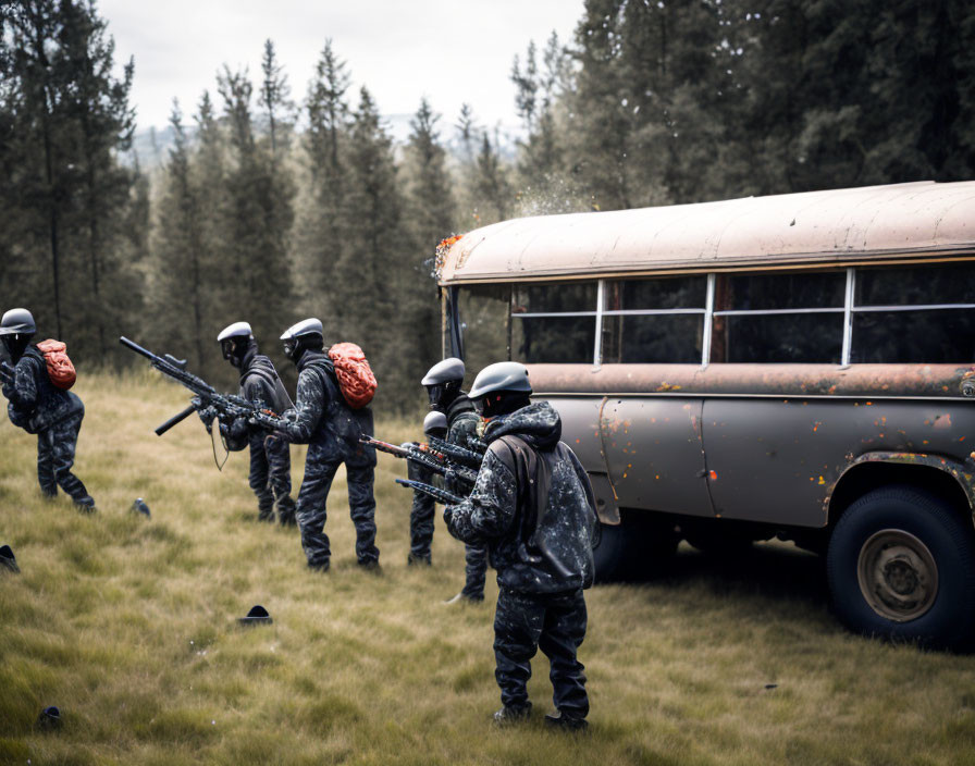 Group of people in combat gear with rifles near old bus in field