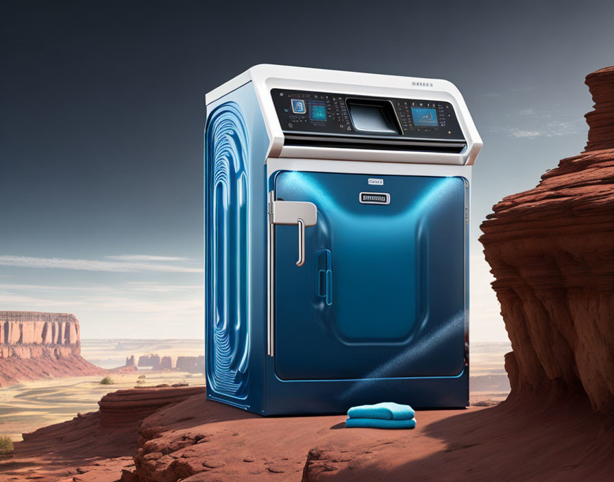 Blue washing machine in desert landscape with open door and towel symbolizing energy and cleanliness