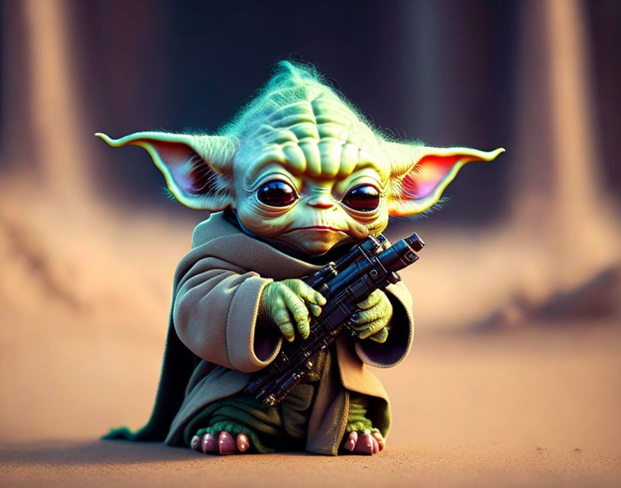 Green-skinned creature with large ears holding a blaster in desert setting