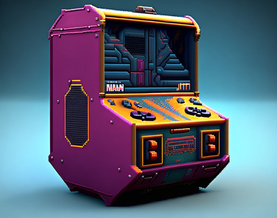 Stylized retro arcade machine with purple and orange color scheme