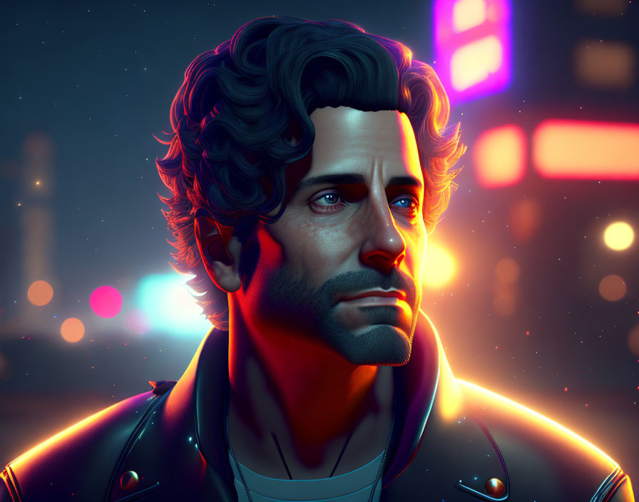 Detailed digital portrait of man with wavy hair and beard in neon-lit night scene