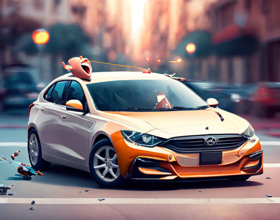 Cartoonish orange and white car collision on city street