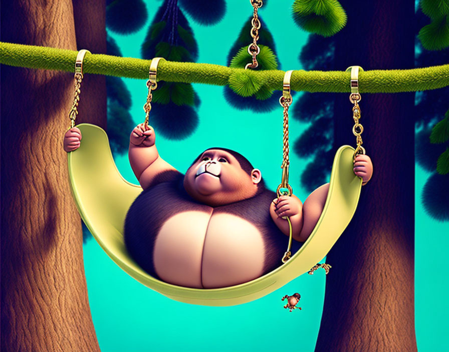 Animated gorilla relaxing in hammock with gecko climbing its arm