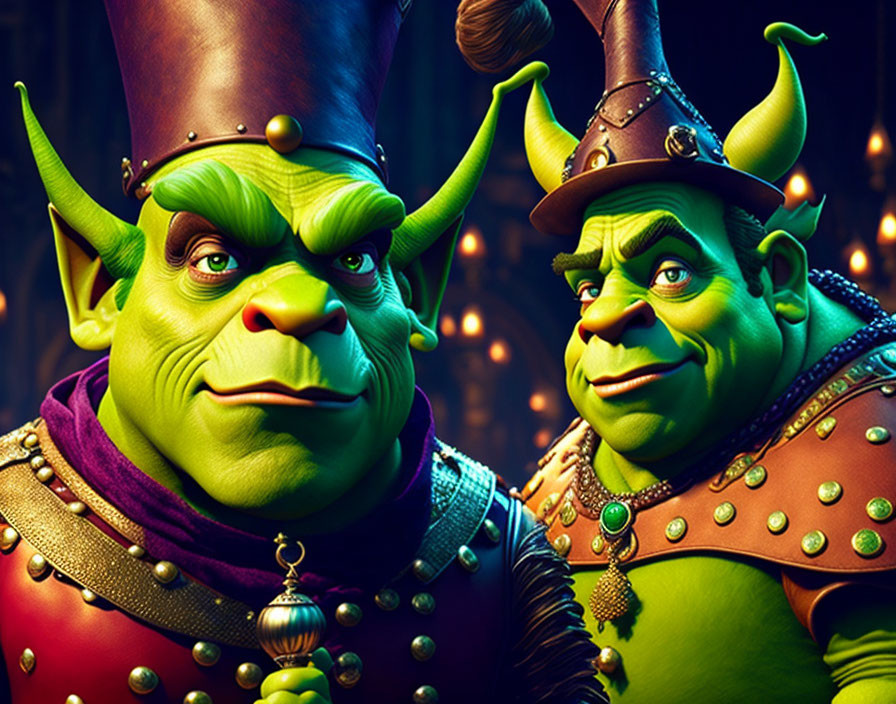 Two green ogres in medieval attire against dark backdrop