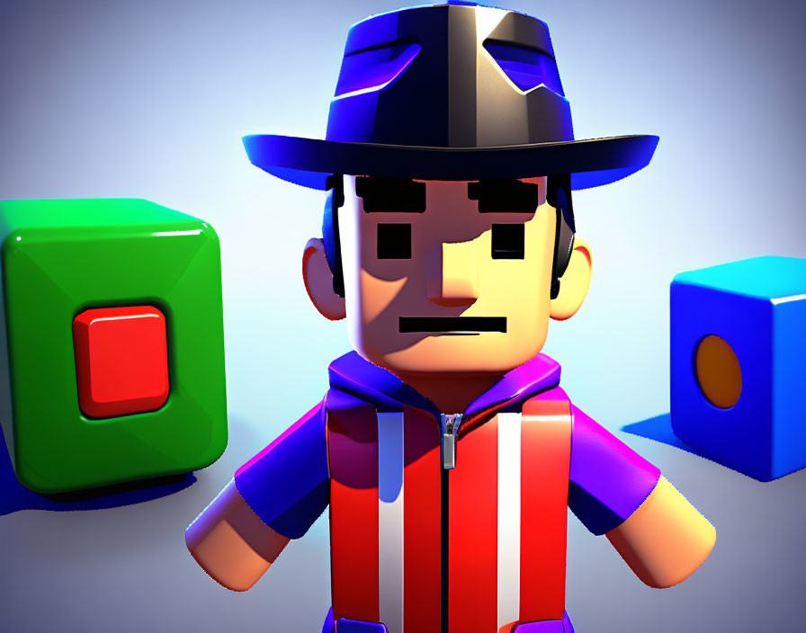 Square-jawed character in blue hat and striped outfit among colorful cubes