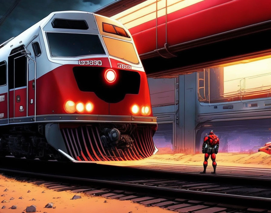 Futuristic red-and-white train with person in red suit on tracks