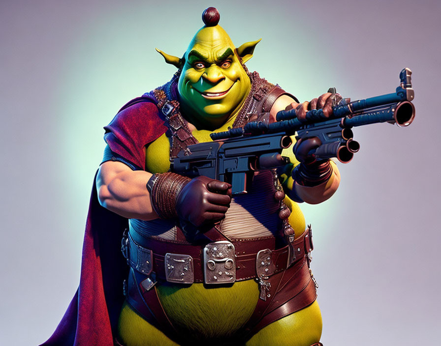 Green-skinned ogre in cape and vest wields futuristic gun on purple backdrop