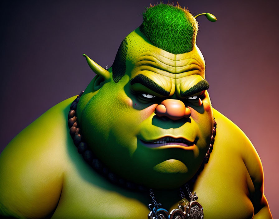 Large Green Ogre 3D Rendering with Grumpy Expression and Black Hair