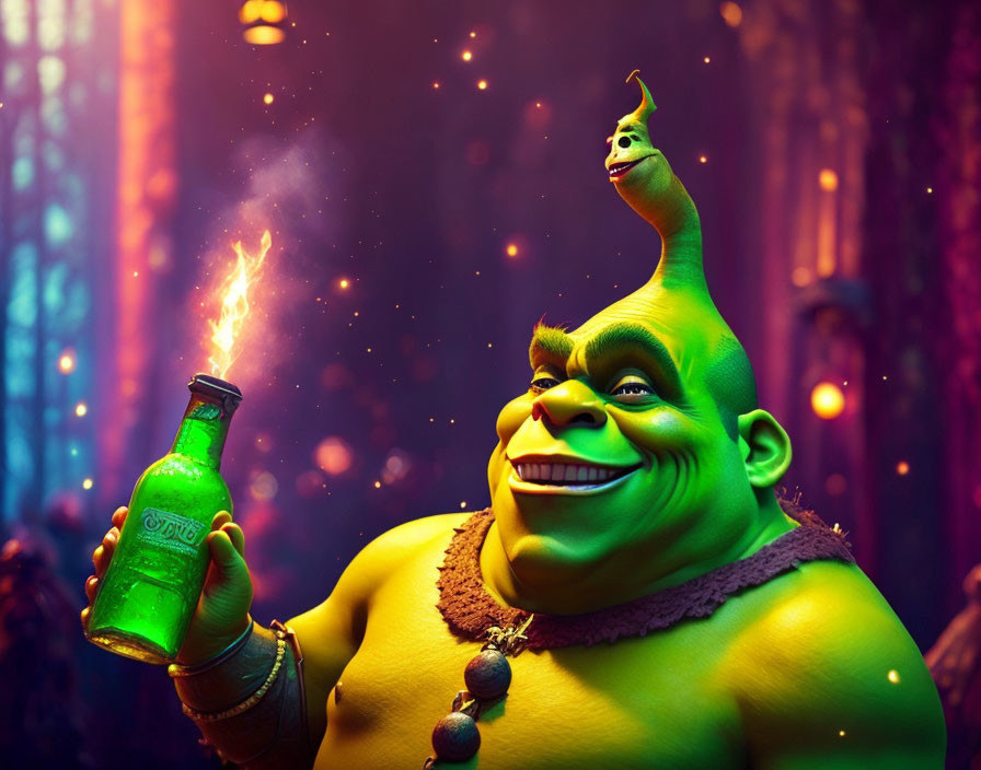 Green ogre with sparkler bottle in magical forest setting