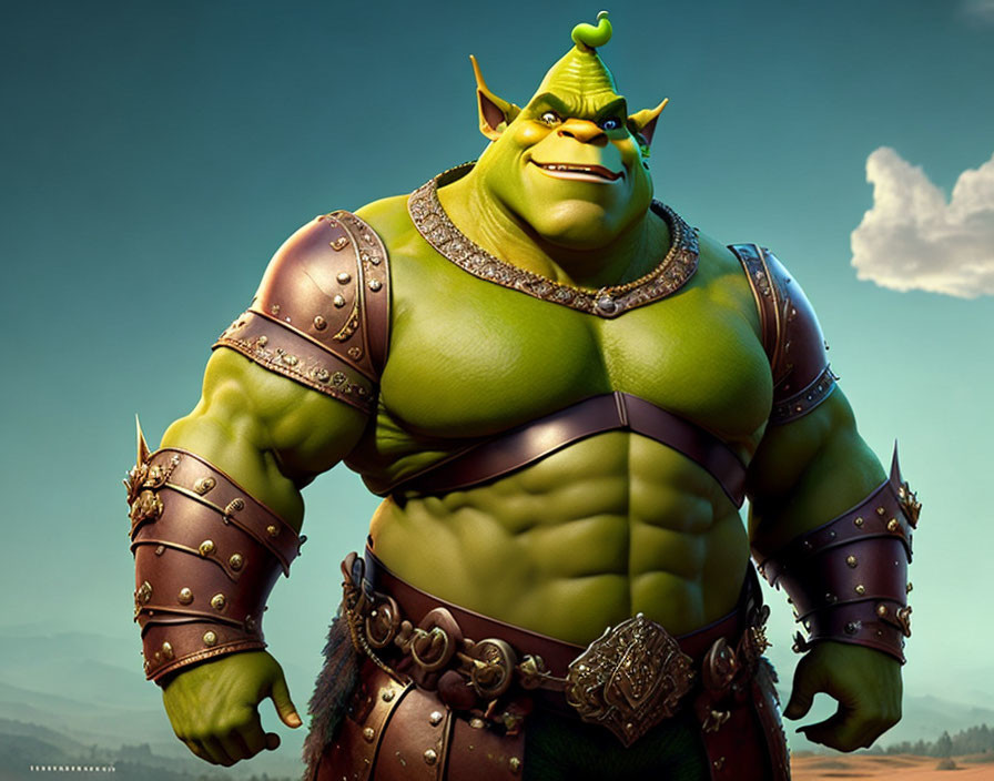 Muscular green ogre in medieval armor on landscape background