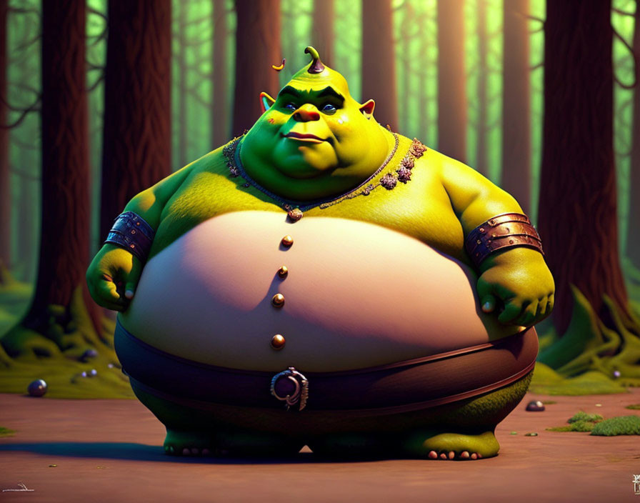 Green Animated Character with Horns and Pointy Ears in Forest Wearing Vest and Belt