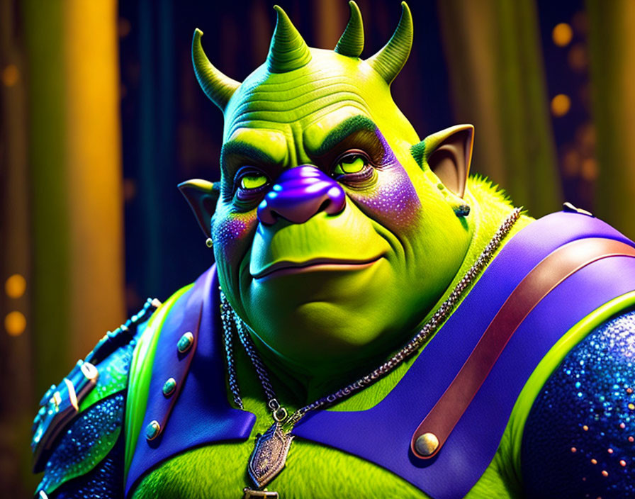 Animated green ogre with purple face in star-patterned vest.