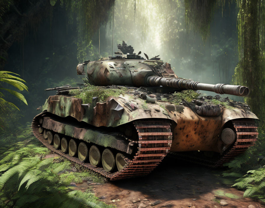 Overgrown tank in misty forest with filtered light