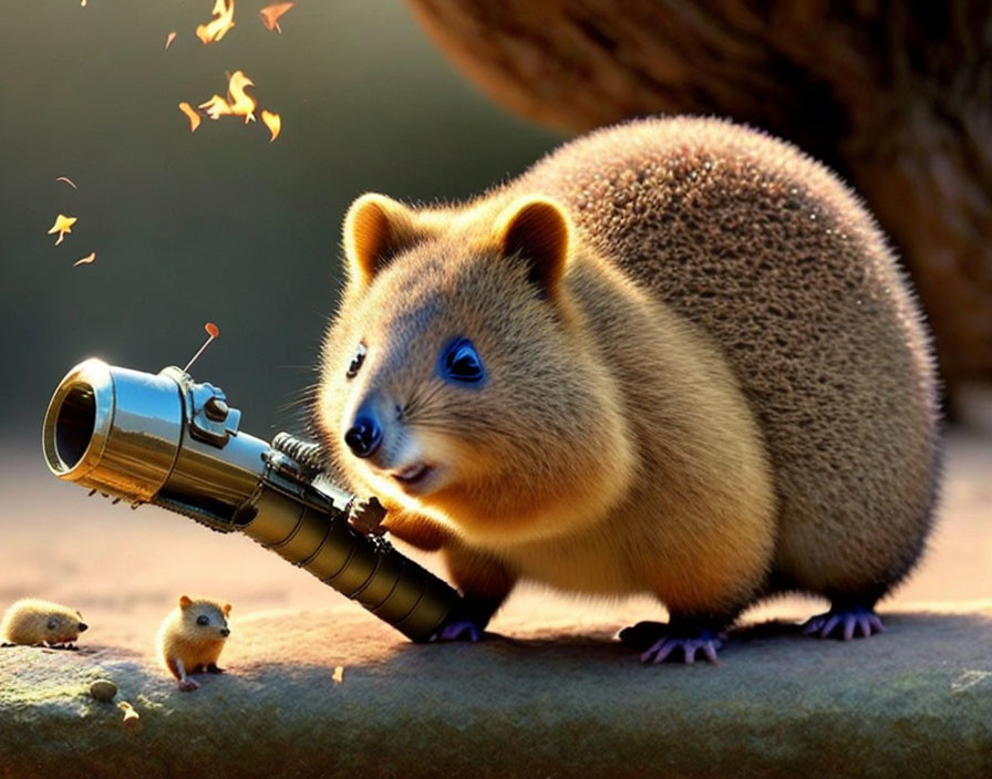 Round animal resembling a quokka with small telescope and tiny versions.