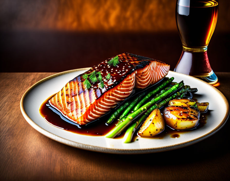 Grilled Salmon and Asparagus Plate with Lemon Glaze and Whiskey Glass