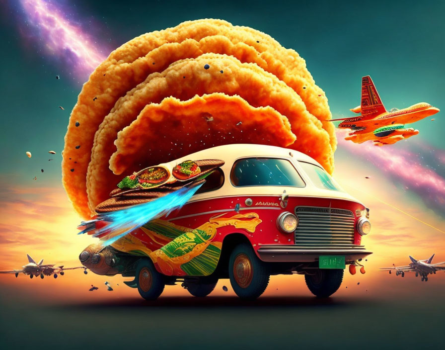 Colorful surreal artwork: Red car and taco imagery under giant taco shell, sci-fi sky and spacecraft