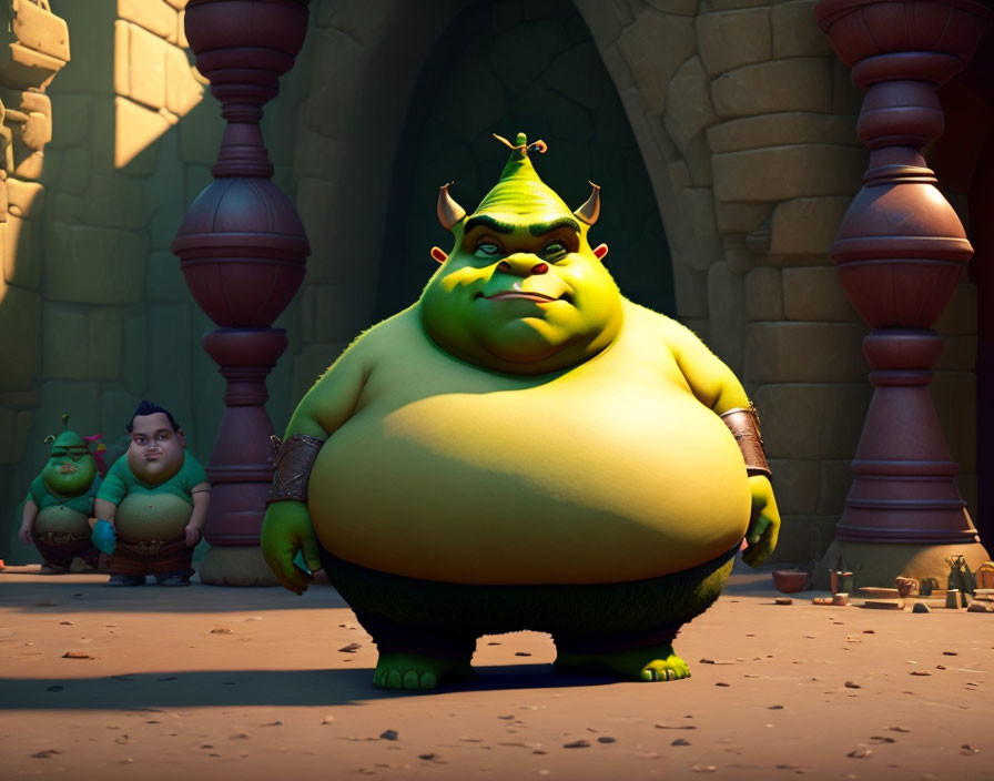 Three ogre-like characters in castle setting, largest one in foreground