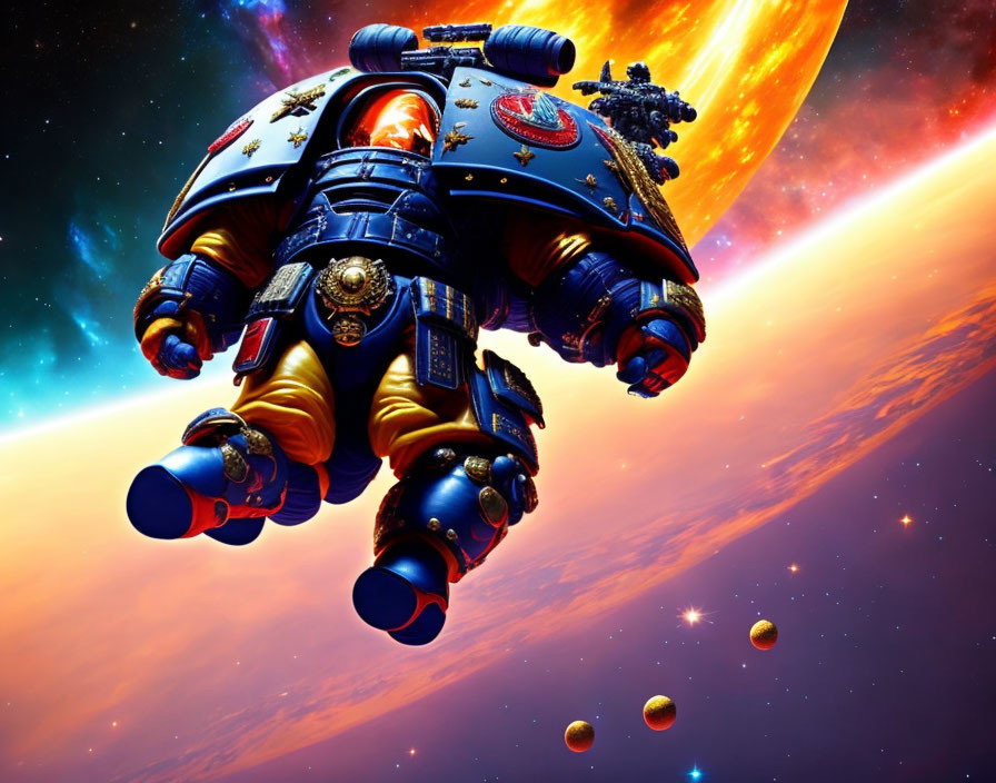 Armored space marine floating in cosmic space with nebula and planets