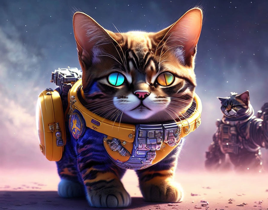 Futuristic tabby cat in advanced suit on alien landscape