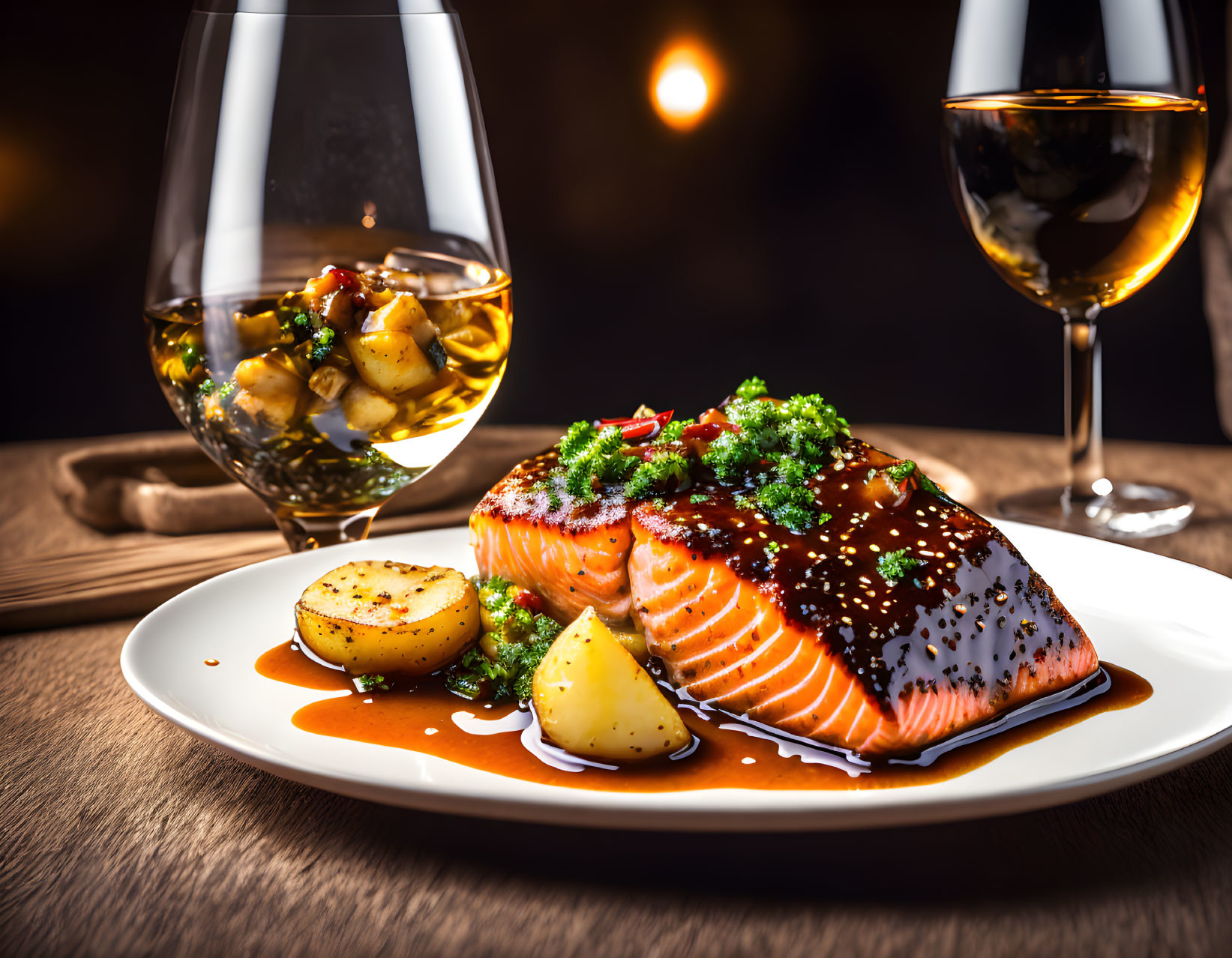 Glazed salmon fillet with herbs, sesame seeds, roasted potatoes, and white wine on wooden table