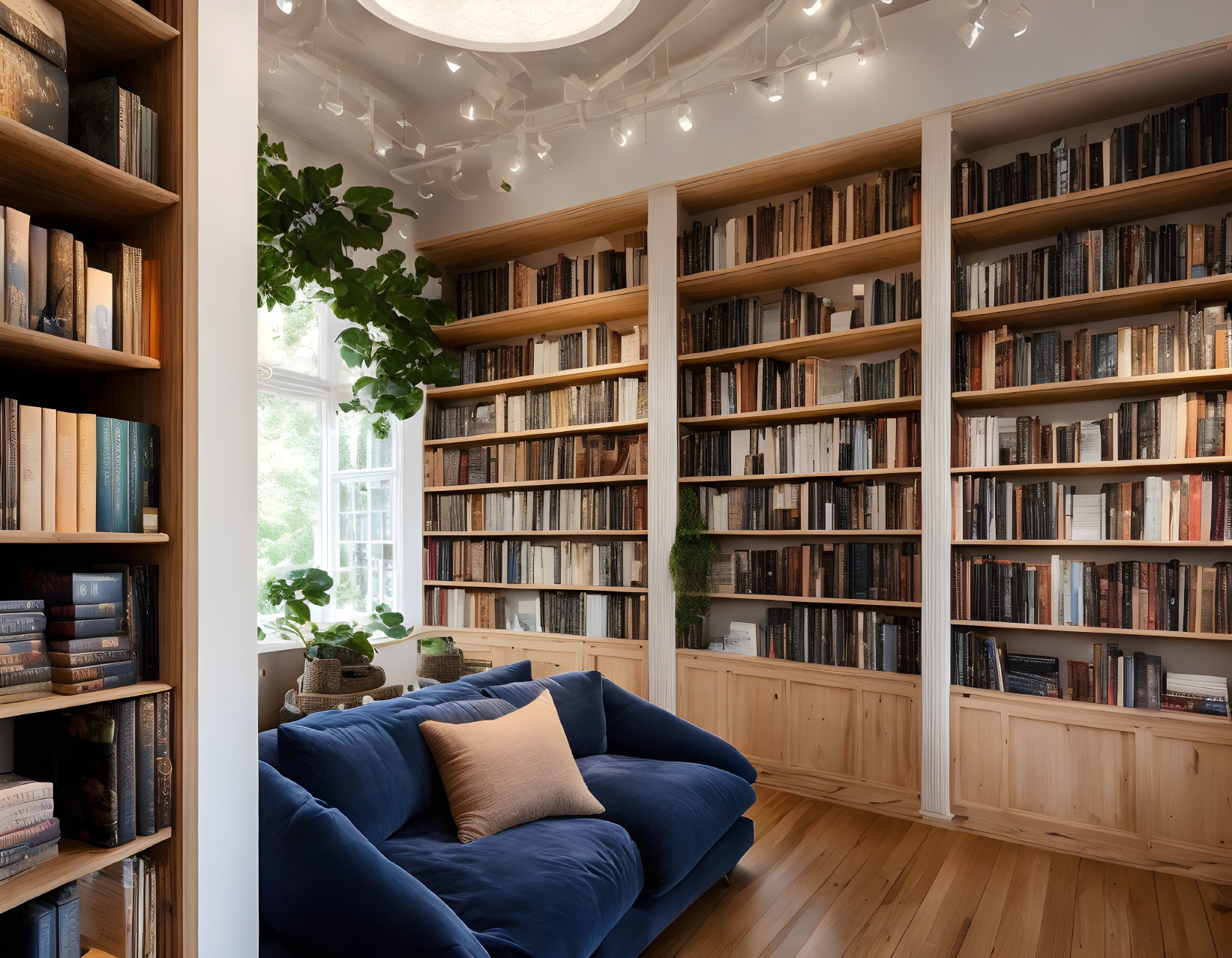 Blue sofa in cozy reading nook with wooden bookshelves and soft lighting