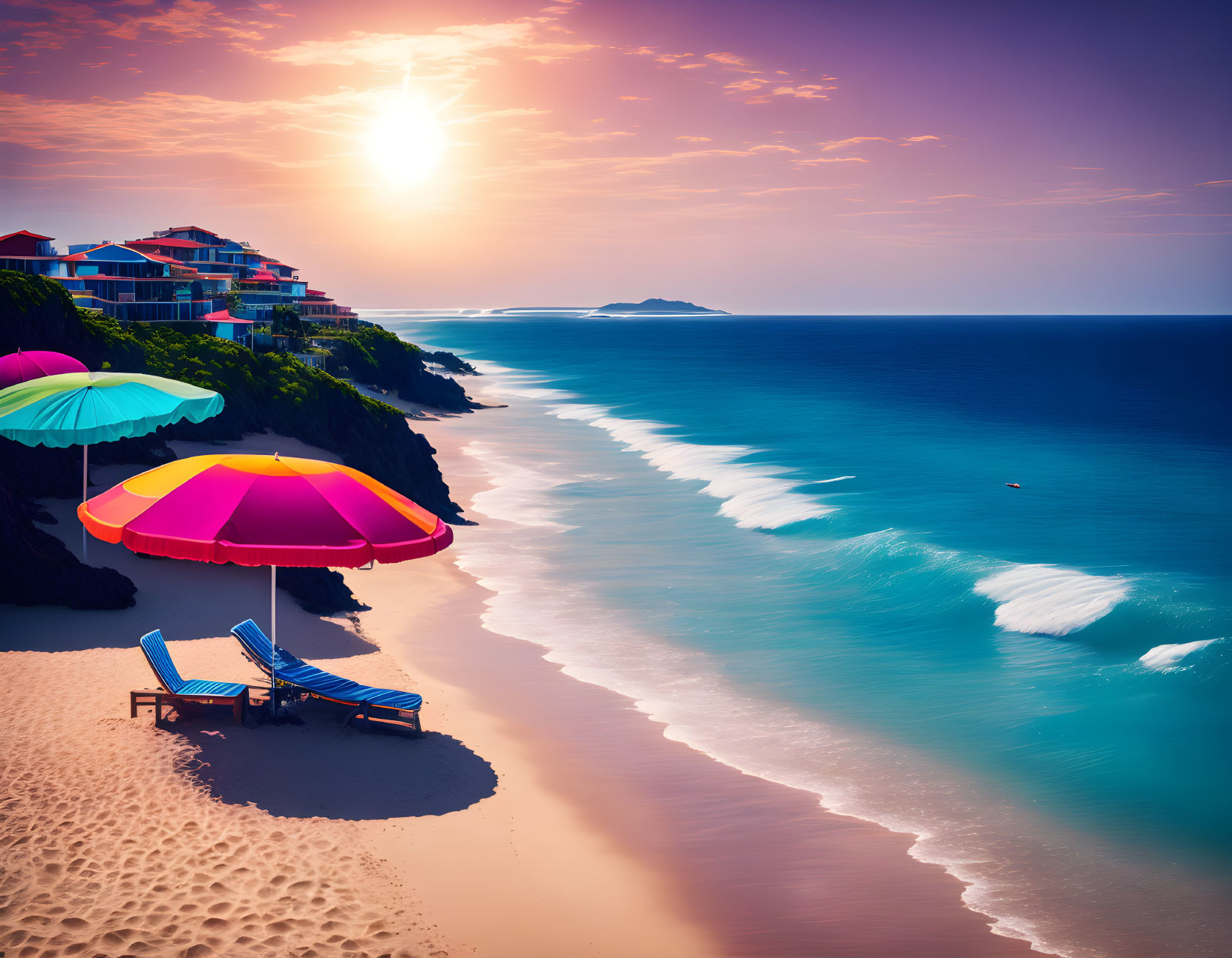Vibrant sunset beach scene with colorful umbrellas, lounge chair, ocean waves, and cliff-side