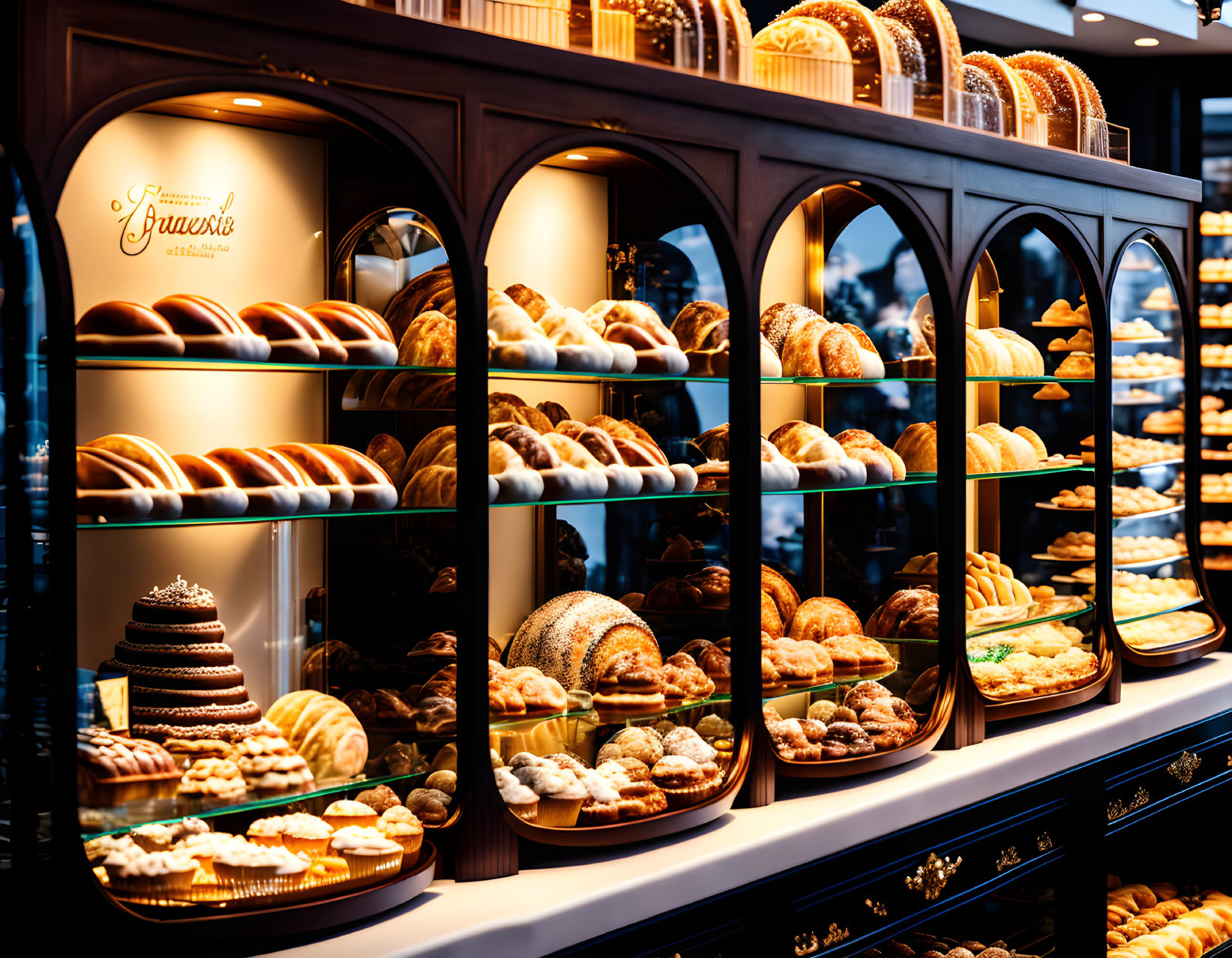 Bakery Display with Bread, Cakes, and Pastries on Arch-Shaped Shelving