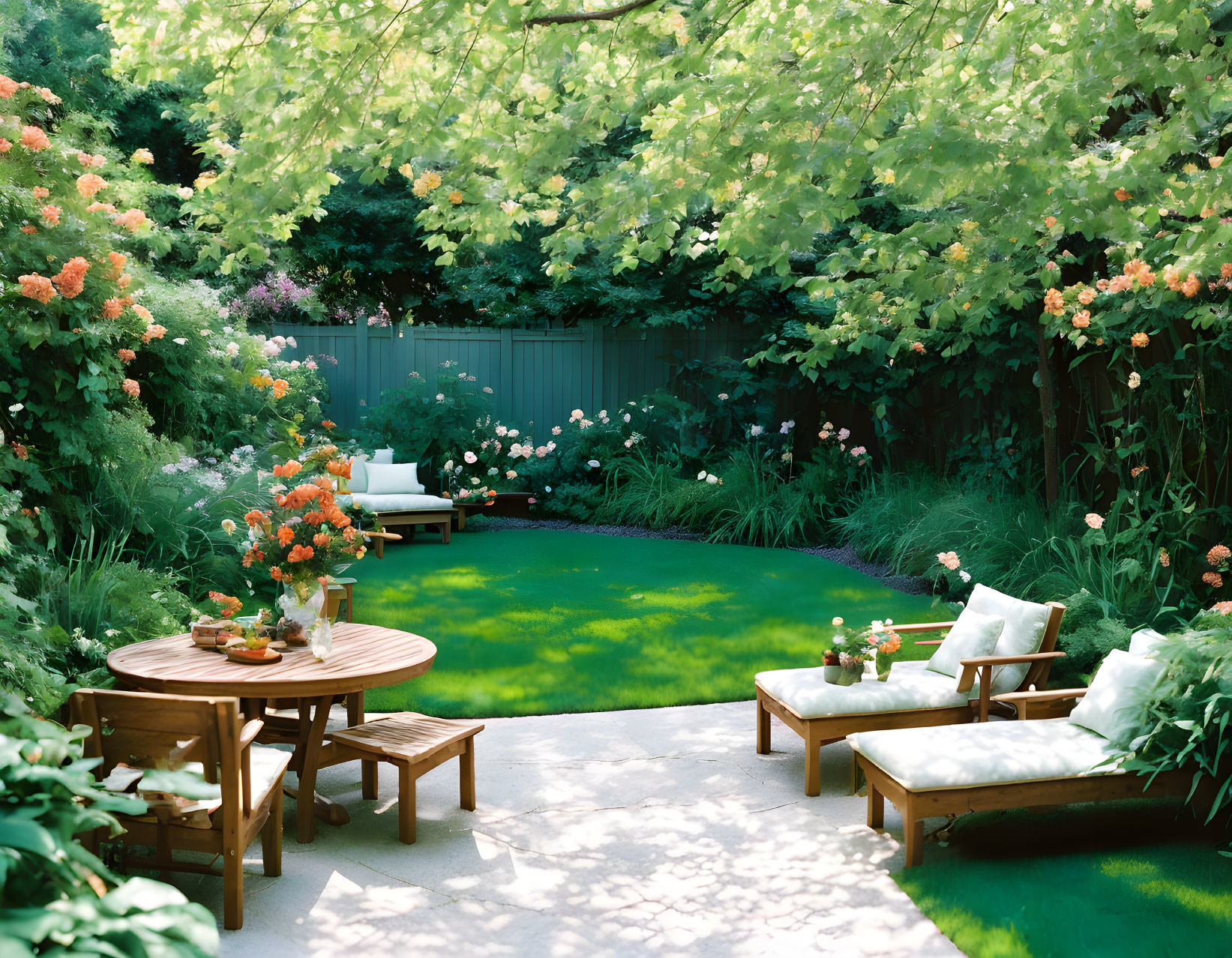 Tranquil garden with lush greenery, colorful flowers, grassy area, wooden furniture, white