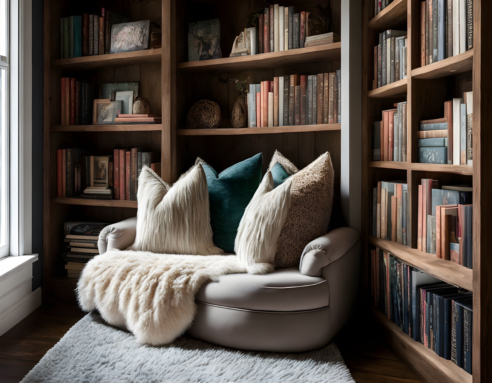 Inviting reading nook with plush armchair, faux fur throw, wooden bookshelves.