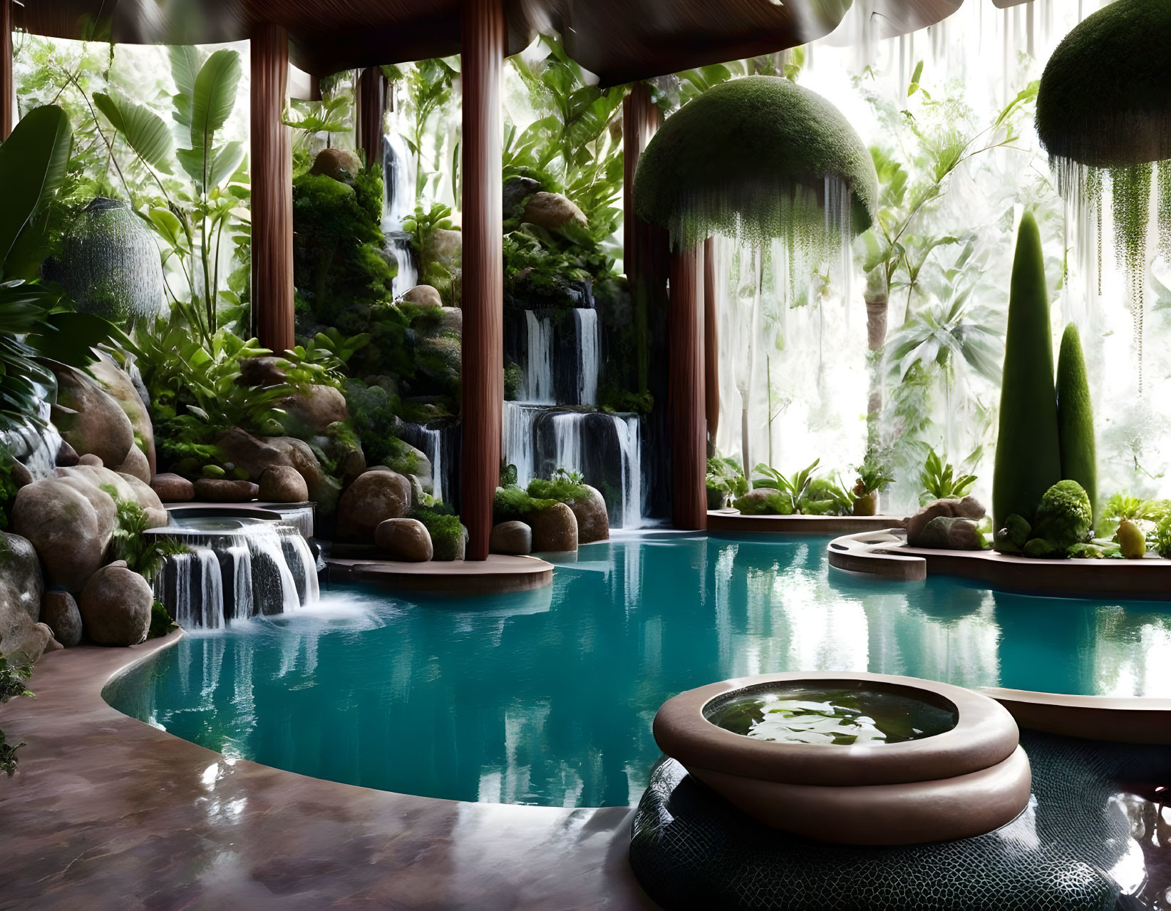 Tranquil indoor pool with cascading waterfall and lush greenery